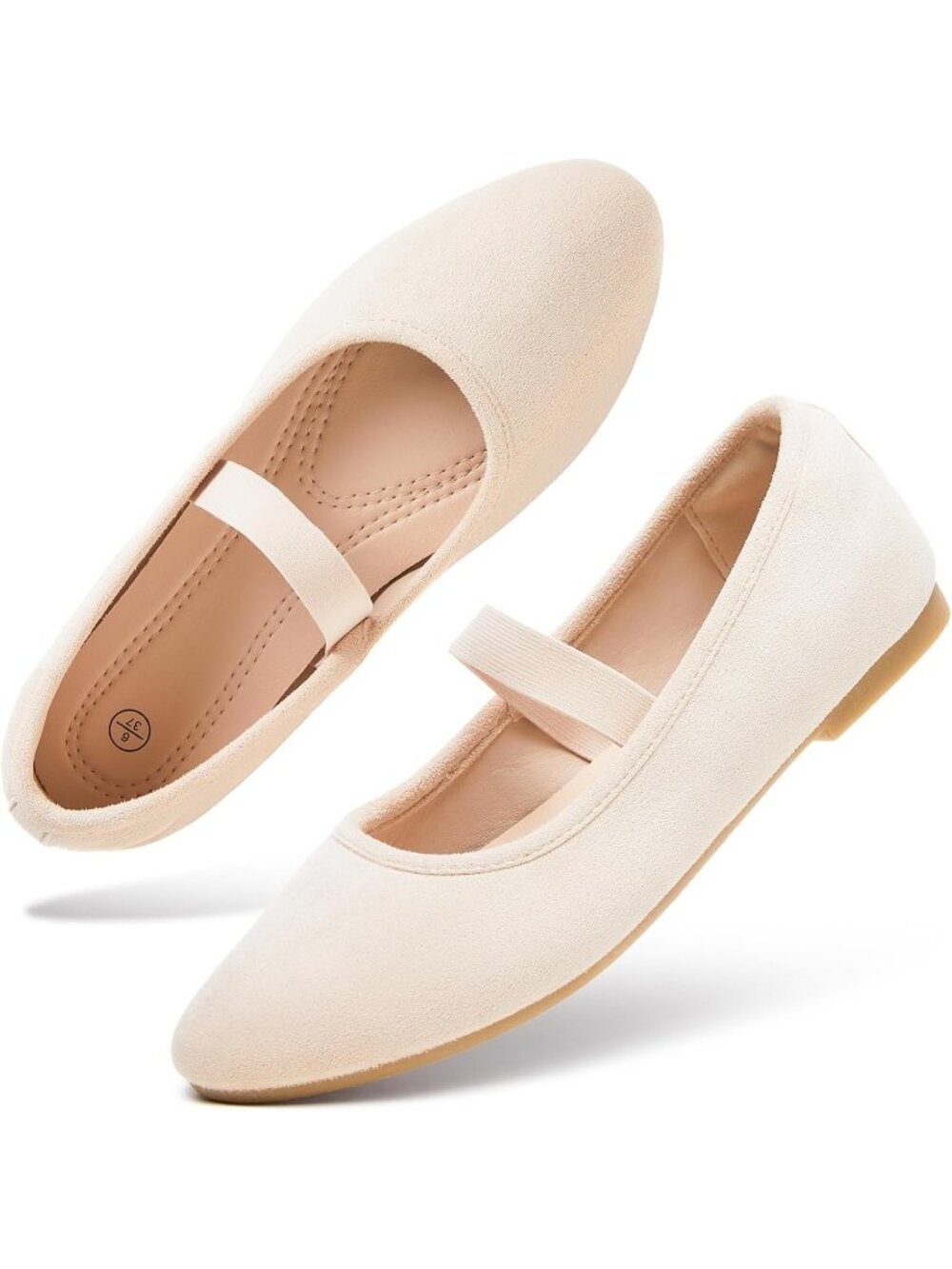 Women's Beige Faux Suede Memory Foam Comfortable Mary Jane Ballet Flats